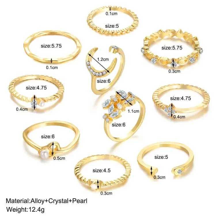 10 piece ring set gold colored chain ring set Bonn style coins Snake Moon Star party trend gift jewelryC250419
