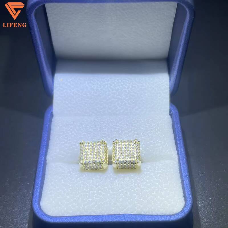 925 Sterling Silver Fine Jewelry Earrings Shiny Square Pleated With Gold Iced Out Moissanite for Men Women