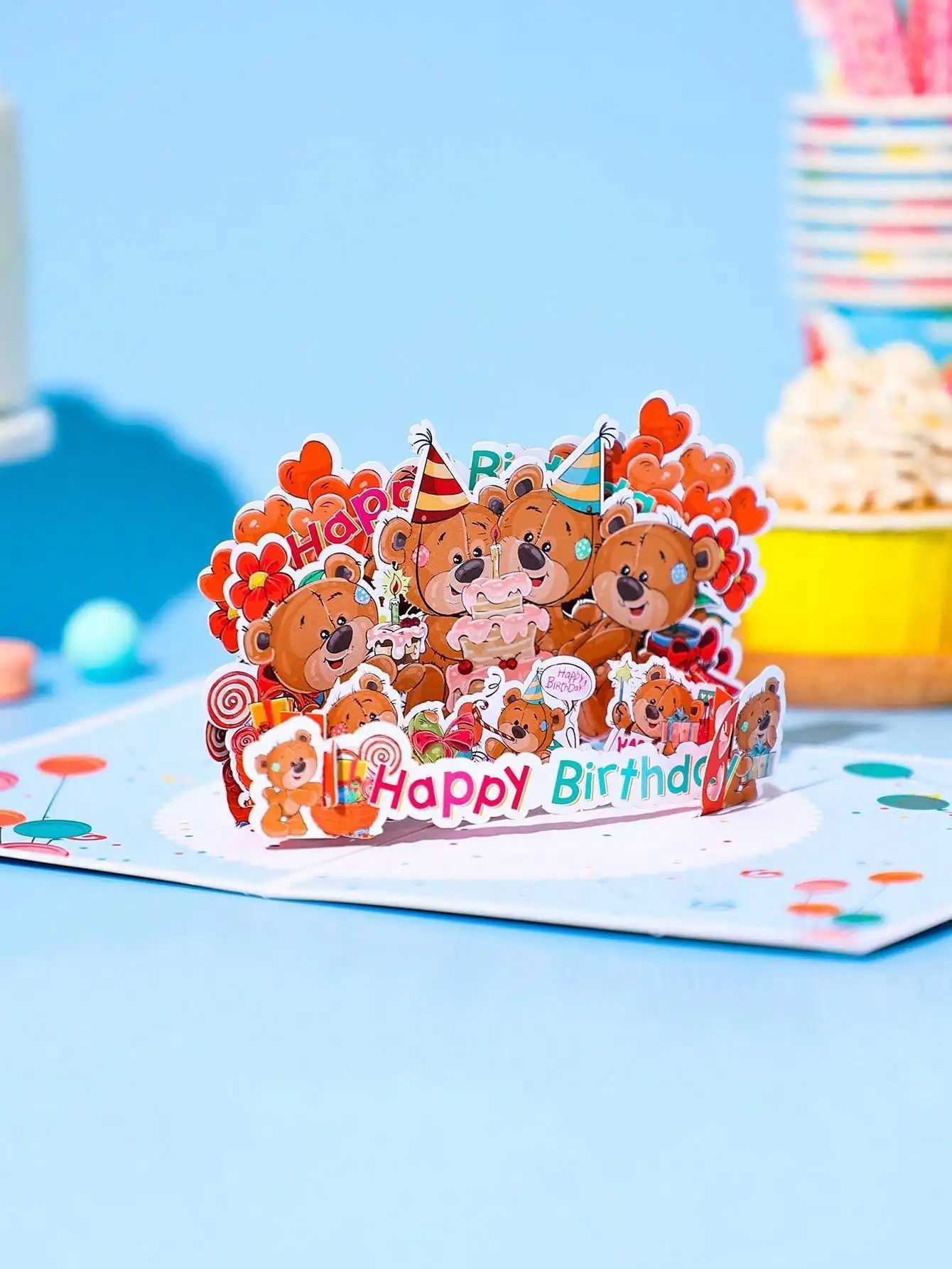 Kids Birthday Bear Pop-Up Card - 3D Greeting with Envelope Perfect Gift for Children Bear Pattern G251119