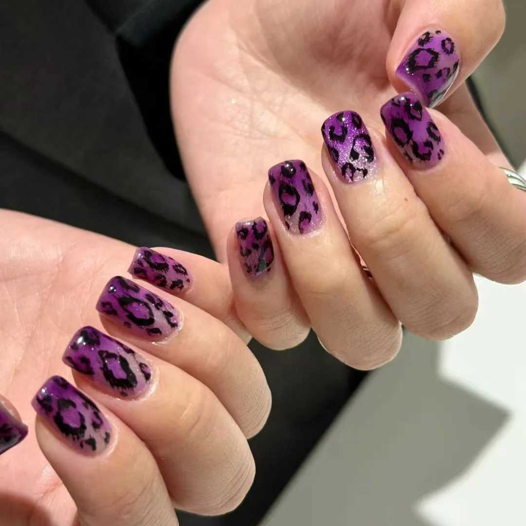 24Pcs Short Square Head False Nail with Purple Leopard Print Cats Eye Design Press on Nails Tips Reusable Full Cover Fake NailsT251118T251119