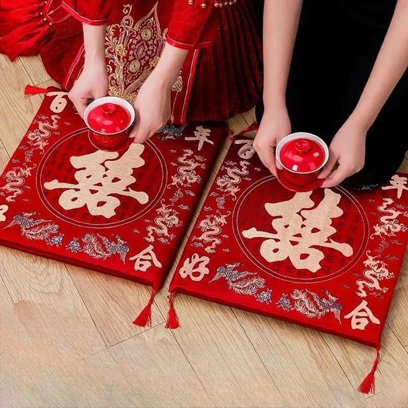 42cm 2pc Chinese Wedding Cushion Tea Ceremony Red Double Happiness Dragon Phoenix Kneeling Pad Wedding Gifts Home DecorationM251119