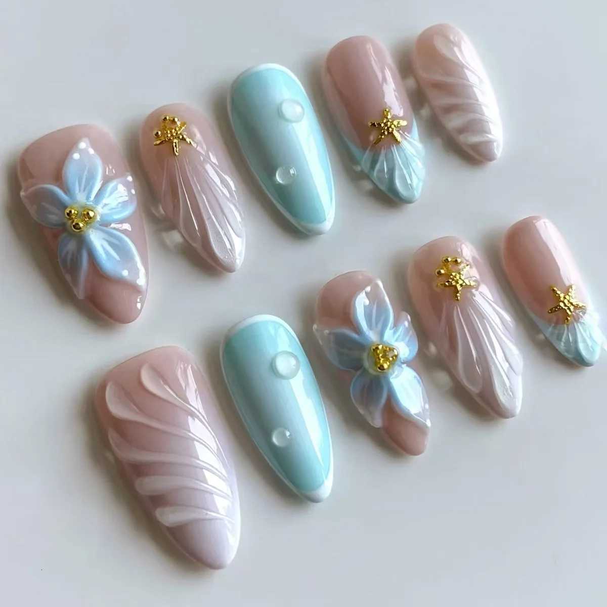24Pcs 3D Shell Starfish French False Nails Press on Mid-length Almond Pearlescent Design Fake Nails Wearable Full Cover Nail TipT251118T251119