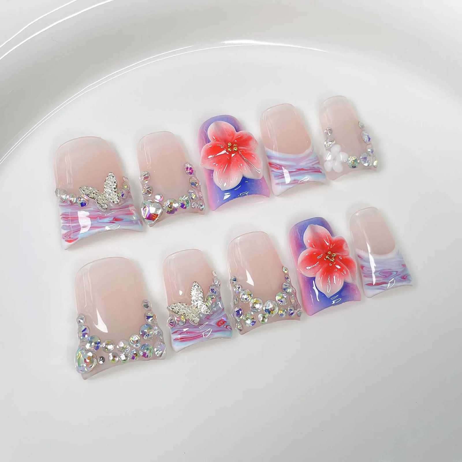 10pcs Flower Short Duckbill Handmade Press on Nails Set Pearl Seashell Design False Nails Art Reusable Blue French Fake Nail TipT251118T251119