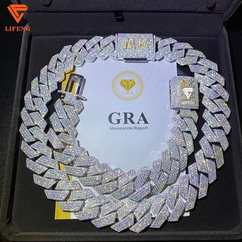 Custom White Gold Plated 20mm 4 RWOS Stones VVS1 Moissanite Diamond 925 Silver Necklace Jewelry Name Clock Cuban Link Chain Gift