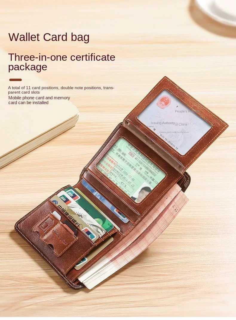 High-quality Mens PU Leather Trifold Business Short Purse Wallet for Men with ID Window and Credit Card HolderT251119