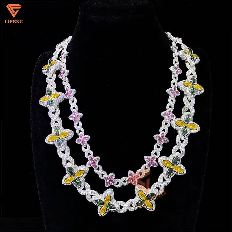 Custom 14mm 30mm Flower Infinity Cuban Link Chain for Women Iced Out VVS Moissanite Diamond 925 Silver Charm Necklace Jewelry