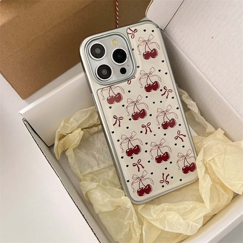 Bowknot Cherry Phone Case Compatible with iPhone 16 Pro Max Silver Edge Protective Case iPhone 15/14/13 Pro