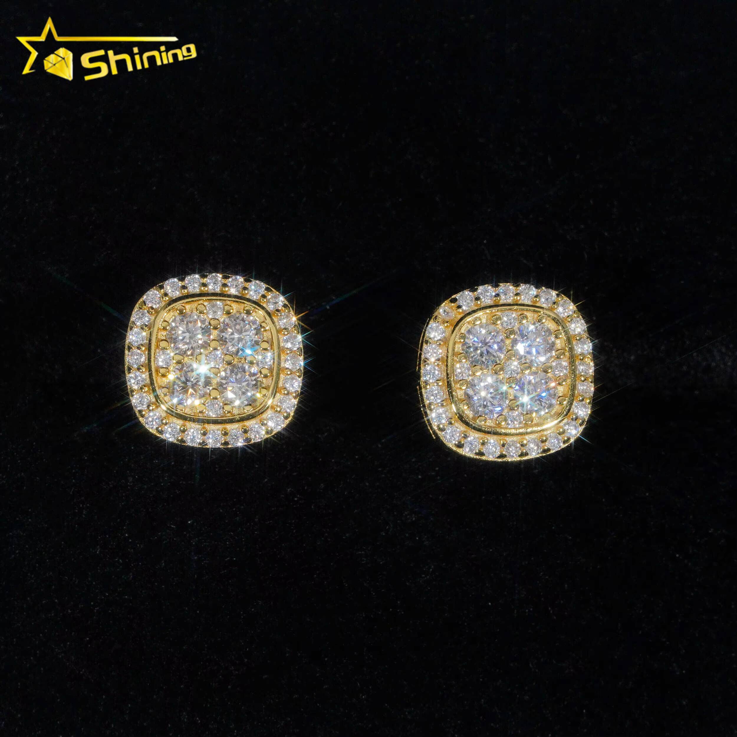 Iced Out 925 Silver Gold Plated Screw Back Moissanite Stud Earrings Hip Hop Jewelry Square Shape Moissanite Earrings Men