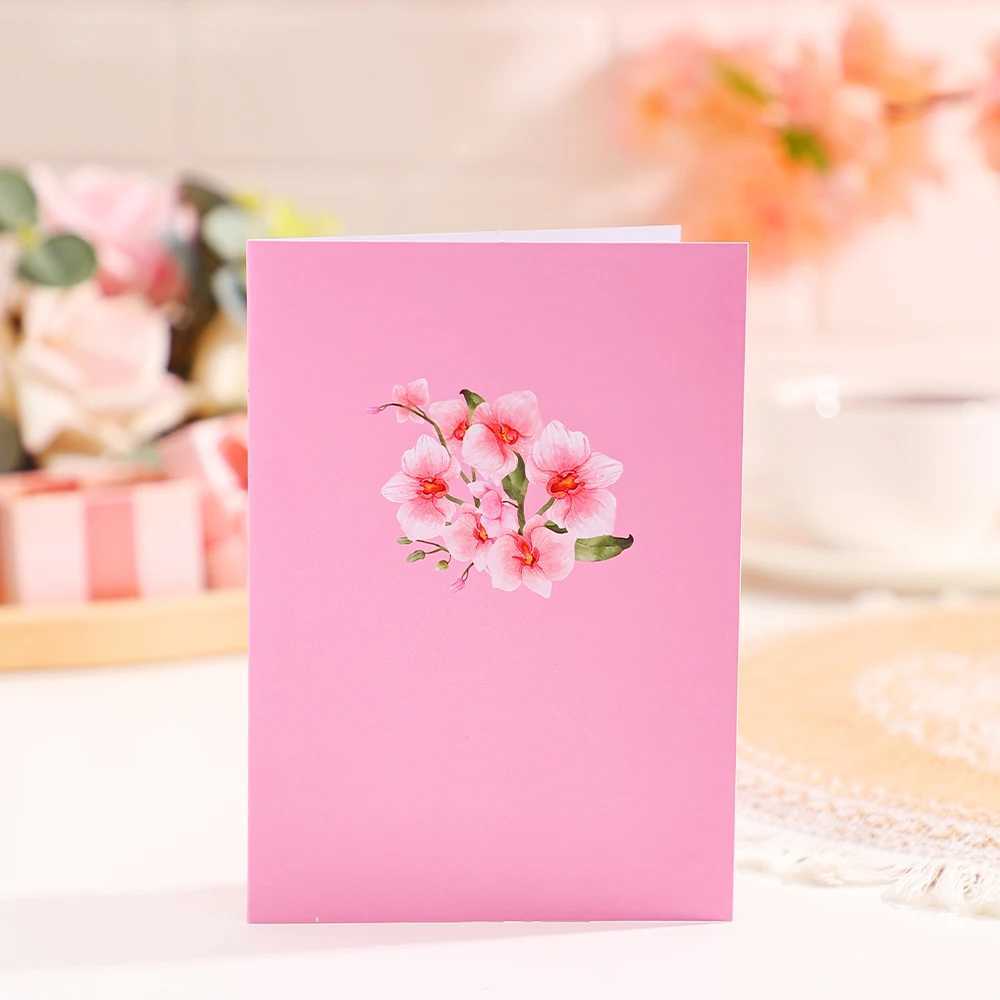 Phalaenopsis Blossom Greeting Cards Creative Pop Up Postcard Pink Flowers Decor Mothers Day Valentines Day Gifts With Envelope G251119