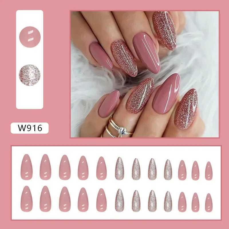 24pcs Solid Bean Pink Almond Glitter Medium Long Nails Press on False Nails with Glue Reusable Woman Artificial Fake Nail TipsT251118T251119