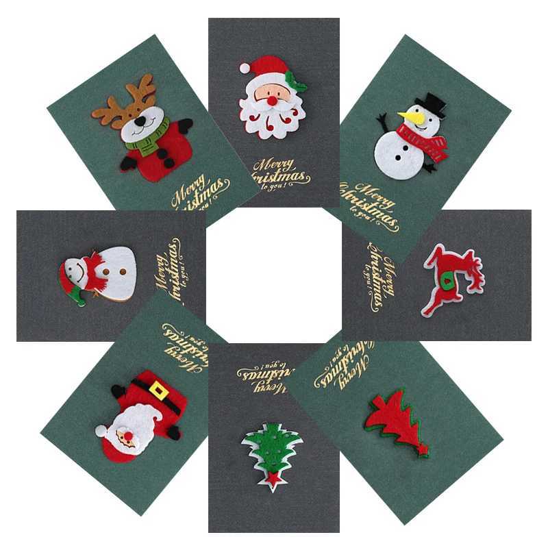 8PCS/Set Christmas Greeting Card Green Grey Pearlescent Paper Postcard Invitation with Envelope 3D Felt Decoration Card Gift ZYF G251119