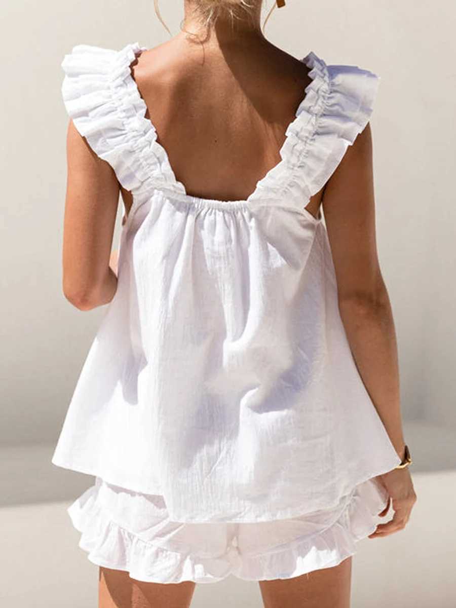 Womens Pajama Summer 2 Piece Pajamas Sets Ruffle Sleeveless Sling Vest Solid Color Shorts Outfits SleepwearC250418