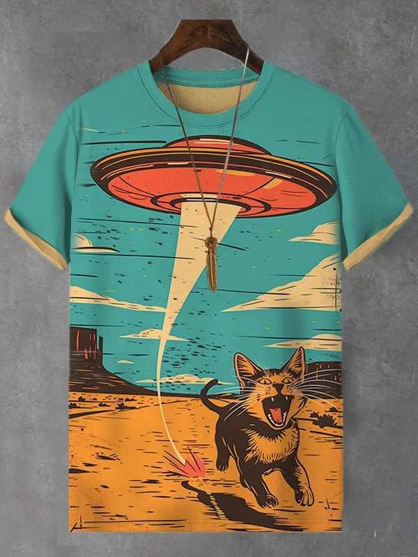 2025 mens T-shirt cartoon laser cat dinosaur art 3D printing T-shirt mens short sleeved O-neck T-shirt casual street Y2k topW250419