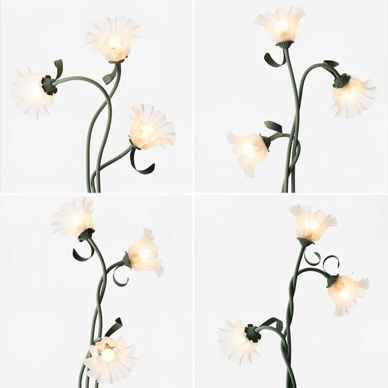 French 3 Head White Acrylic Lily LED Dimmable Floor Lamp Foot Switch Restaurant Study Kitchen Living Room Bedroom Standing Light M251119
