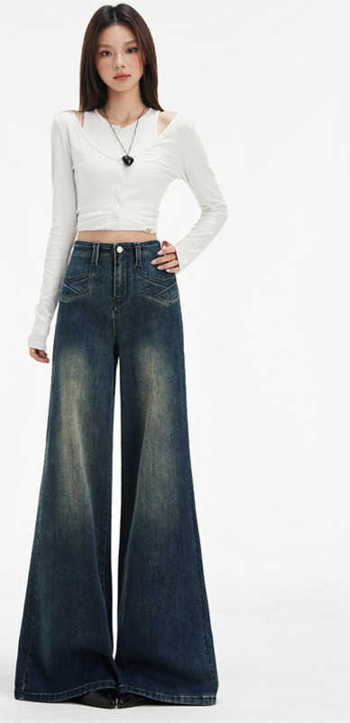 Vintage blue high-waisted fleece thick elastic flared jeans women. Suitable for 2025-2026 autumn winter. Slimming and enhancing buttocks Z260313