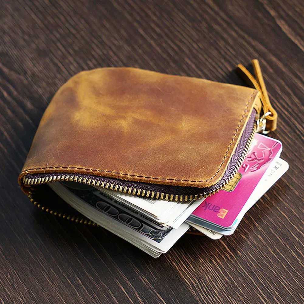 AIGUONIU Custom Wholesale Crazy Horse Genuine Leather Short Card Holder Men Wallet Retro Zipper Coin Pocket Wallet for MenT251119