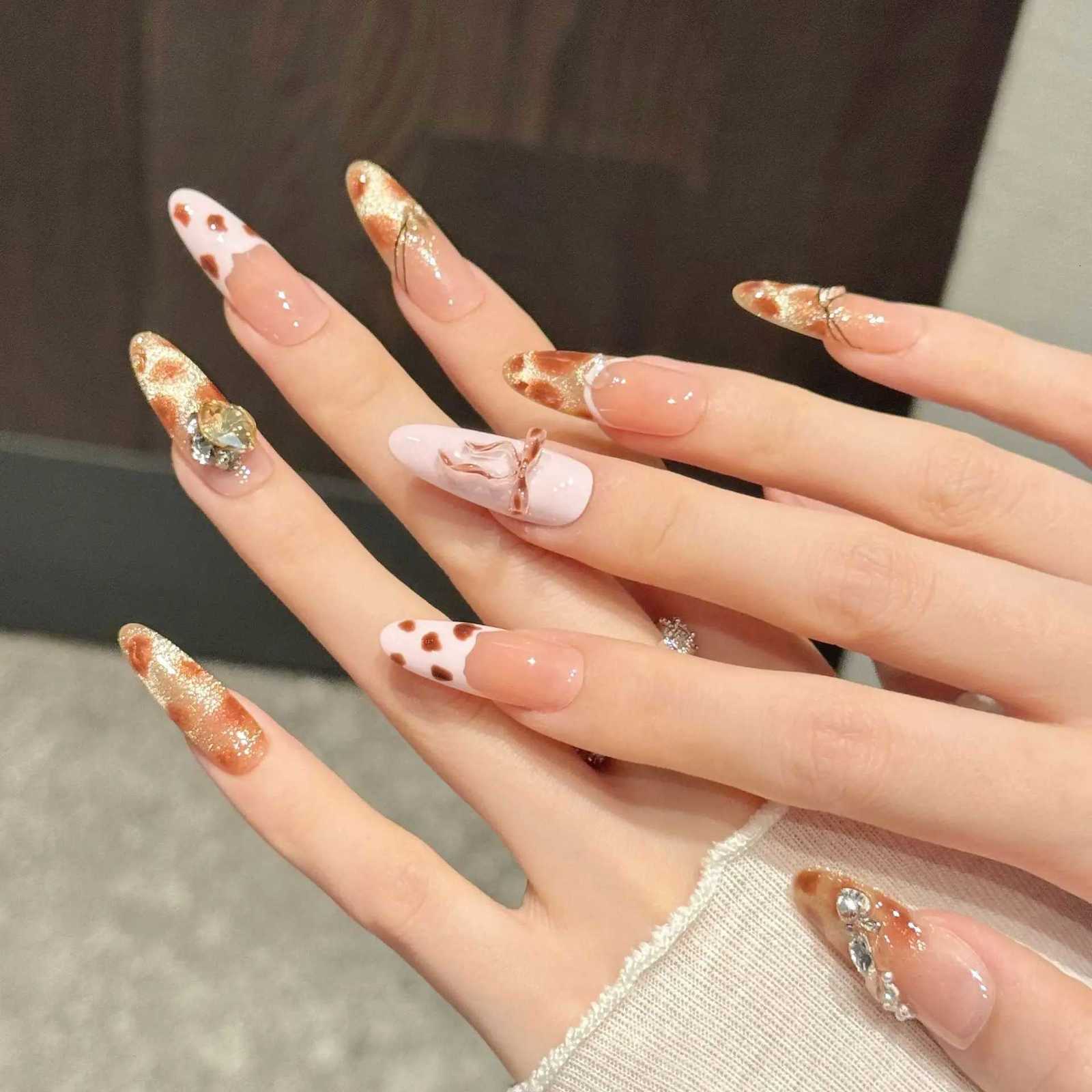 10pcs Leopard Print Pink Nails Set Press on French Long Oval Handmade Fake Nails Tips Bow Diamond Design False Nail Art WearableT251118T251119