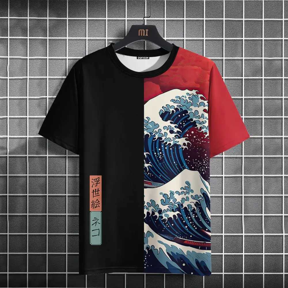 Japanese style mens T-shirt with ukiyo-e sea wave pattern printed T-shirt casual loose short sleeved T-shirt oversized mens top W250425