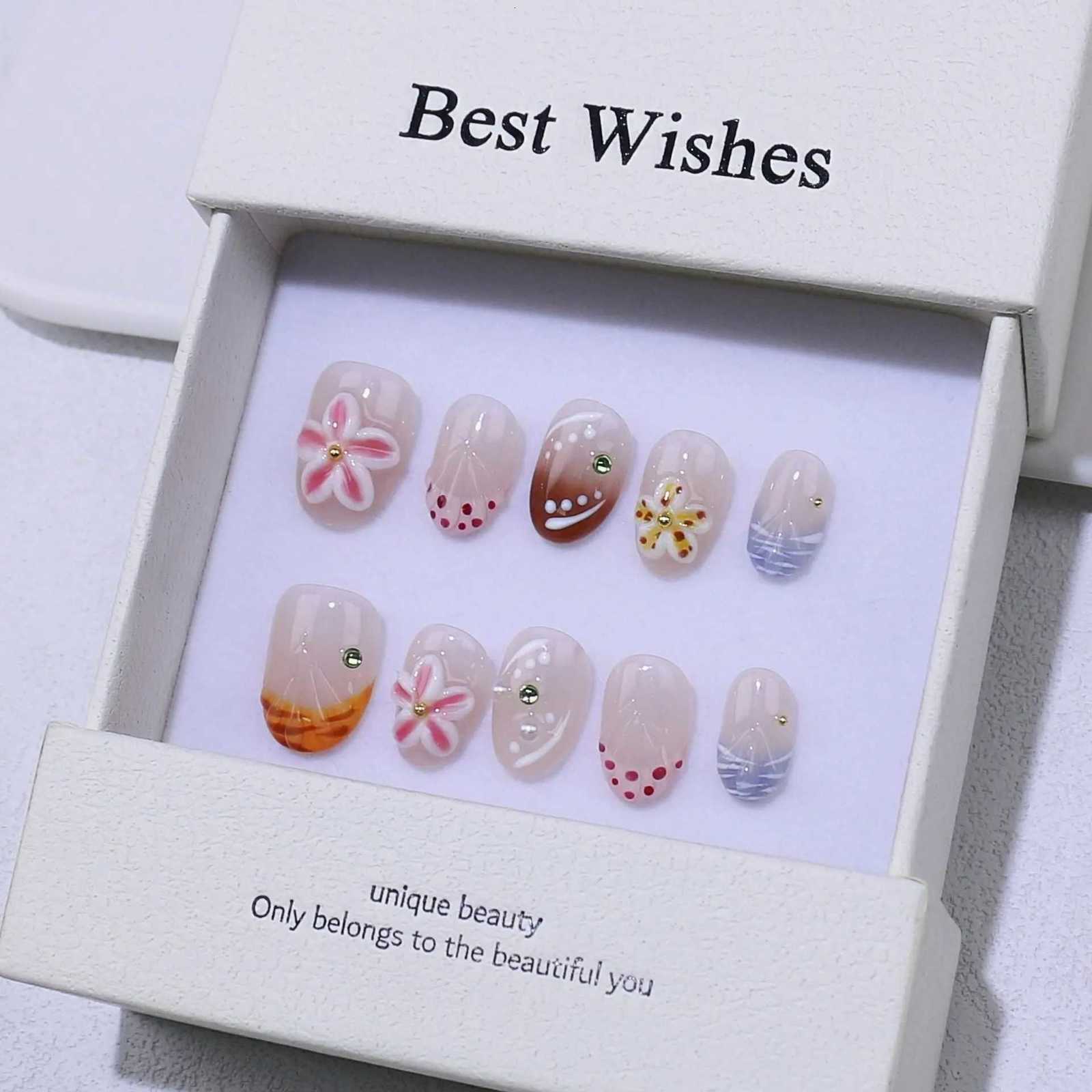 10pcs Handcrafted Almond-Shaped White French Press-On Nails with 3D Floral Design - Glossy Finish Short Length for Women/GirlsT251118T251119