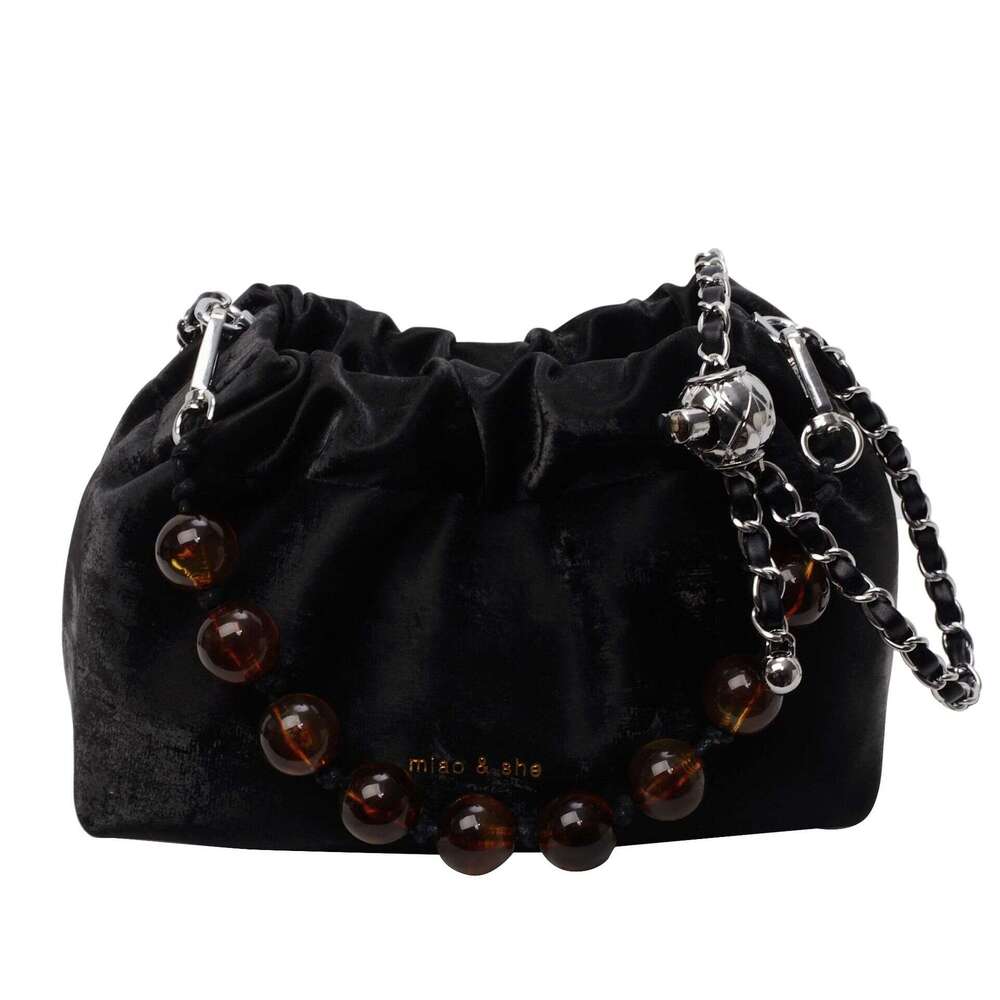 2025 Spring outing new fresh girl series solid color velvet beaded chain strap single shoulder small bucket bag for women