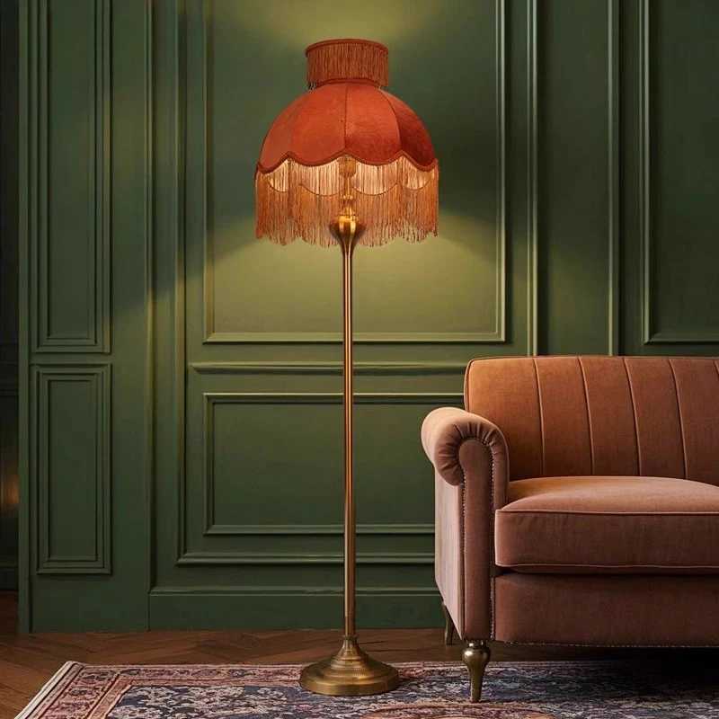 French tassel velvet lampshade floor lamp luxurious retro caramel handmade art station lamp for living room sofa bedroom M251119