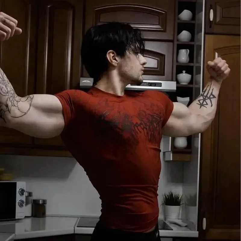 Breathedivity Muscle Fit Tee Mens Compression High Stretching Fast Drying Breathable Gothic Street Wear Y2K Gym Training TopW250419