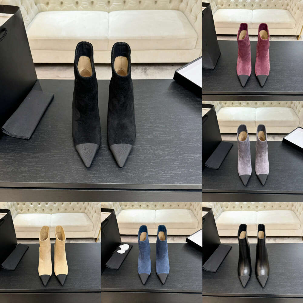 10A Luxury Designer womens comfortable Pointed toe patchwork suede thick heel autumn short sock Half boots Ankle Mid-Calf Fashion women heel booties shoes man shoe