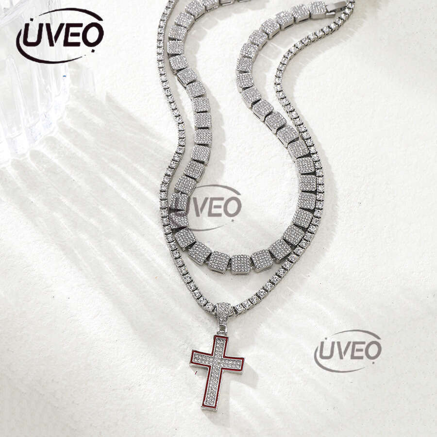 German Baguette Moissanite chic fashion jewelry Iced eye-catching pearl 925 sterling silver Gothic cross chain necklace Free delivery