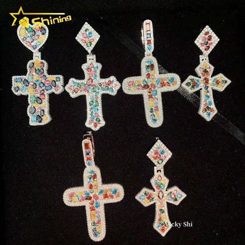 Hip Hop Pendant Iced Out 925 Silver Multi Color Moissanite Cross Pendant High Quality Custom Pendant Moissanite Jewelry for Men