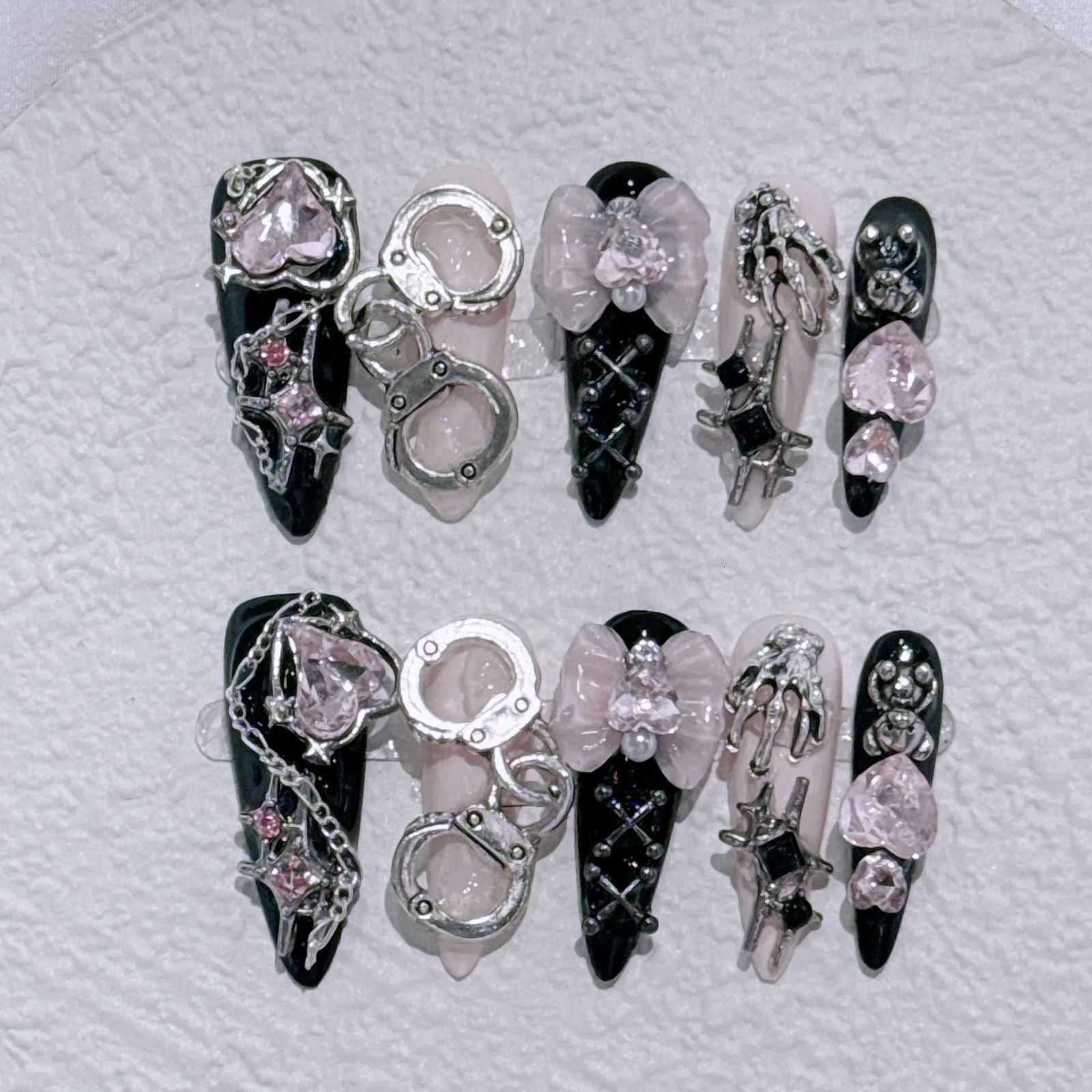 10pcs Y2K Stiletto Almond Handmade Press on Nails Black Fake Nails with 3D Bow Heart Design False Nails UasT251118T251119