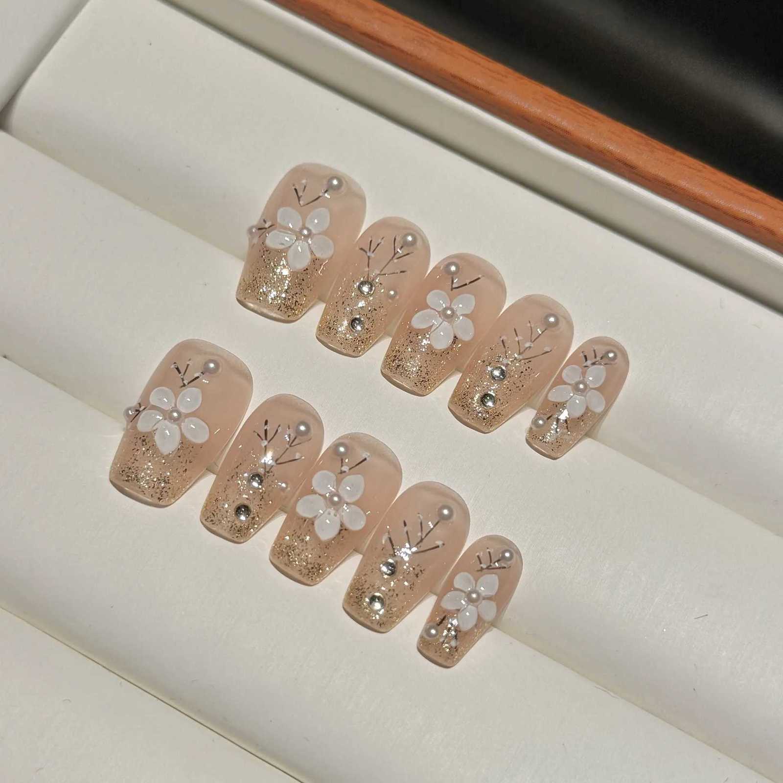 10Pcs Handmade False Nails Mid-length Ballet Full Cover Nail Tip with Flowers Design Pink Wearable Fake Nails Art Press on NailsT251118T251119