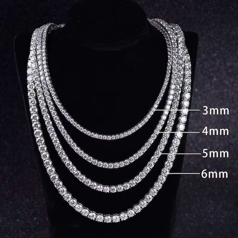 Hiphop Iced Out 3mm 4mm 5mm 6mm 925 Sterling Silver VVS Moissanite Tennis Chain Necklace