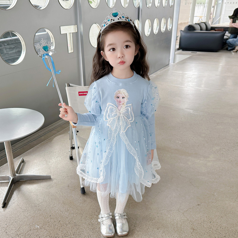 DISNEY Children's designer summer clothes little girl children's dress long-sleeved Elsa princess dress children's Ariel dress cotton m