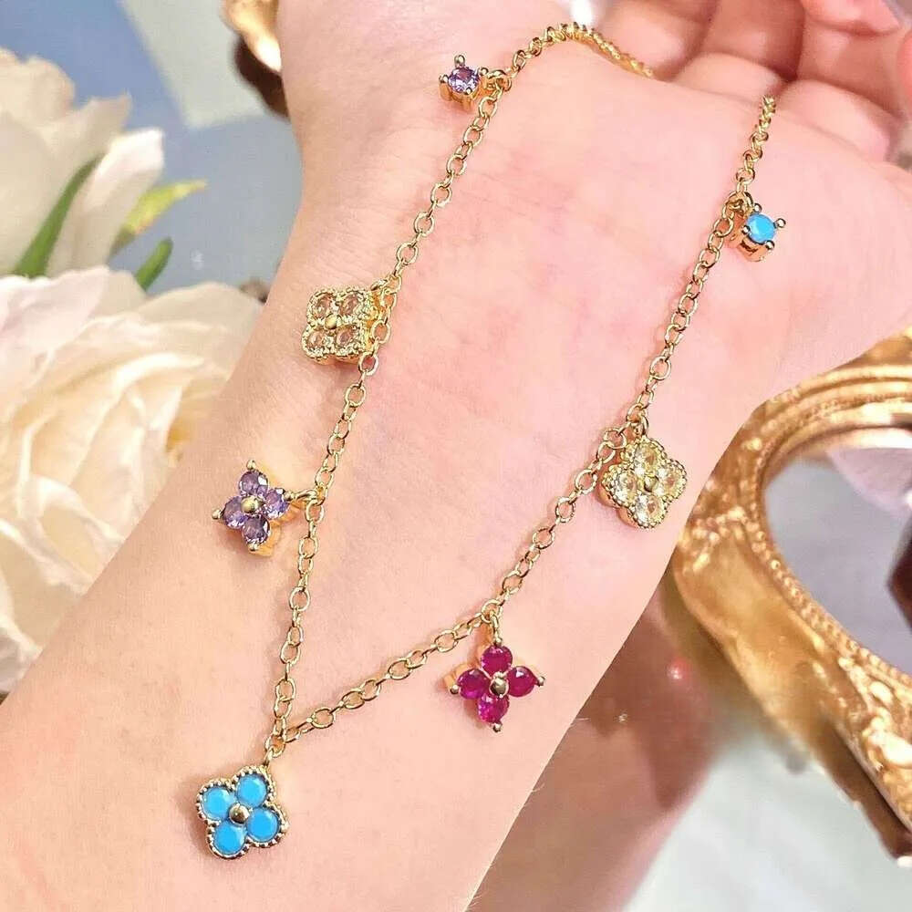 INS Luxury jewelry designer necklace Dopamine Four-Leaf Clover Necklace French Layered Collarbone Chain Colorful Earrings Inlaid Diamond Bracelet Set - view 7