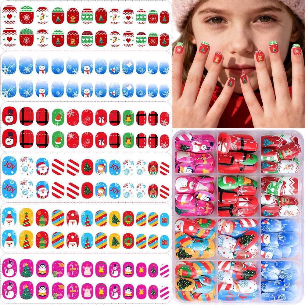 12gridsx12144pcs Christmas Children Fake Nails Red/Blue Square Round Press On Nails With Cartoon Snowman/Snowflake Nail TipsT251118T251119