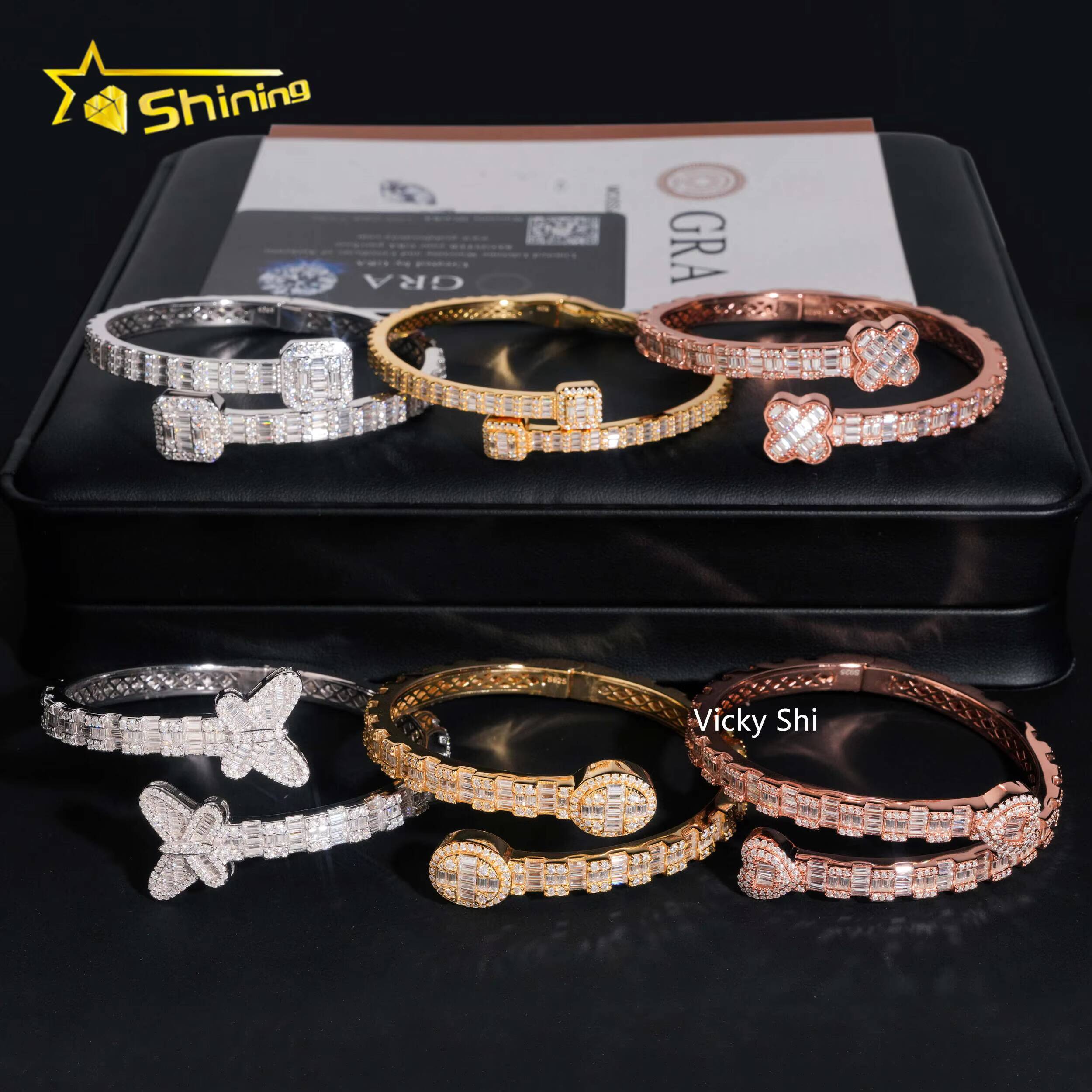 Fine Jewelry Men Women Moissanite Bracelets 925 Sterling Silver Butterfly Heart Clover Style Moissanite Bangles Ready to Ship