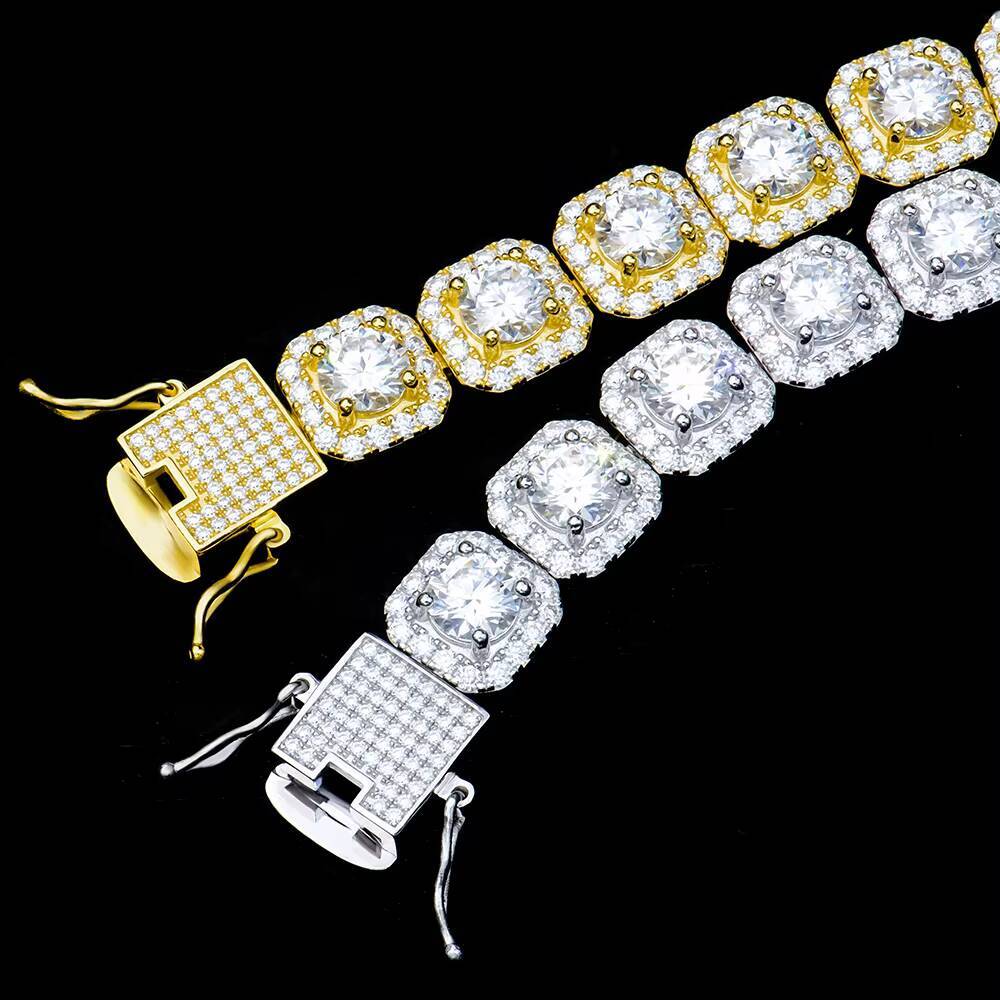 Hip Hop Fine Jewelry Big Diamond Moissanite Square Shape Clustered Cuban Tennis Chain Bracelet Bangle 925 Silver for Men