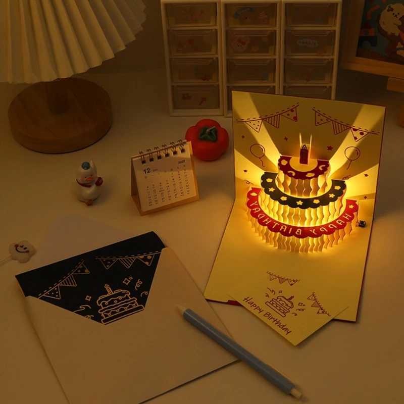 3D Birthday Cake Cards with Music Light Happy Birthday Pop-Up Greeting Postcards Gifts with Envelope Invitations for Kid Girl G251119