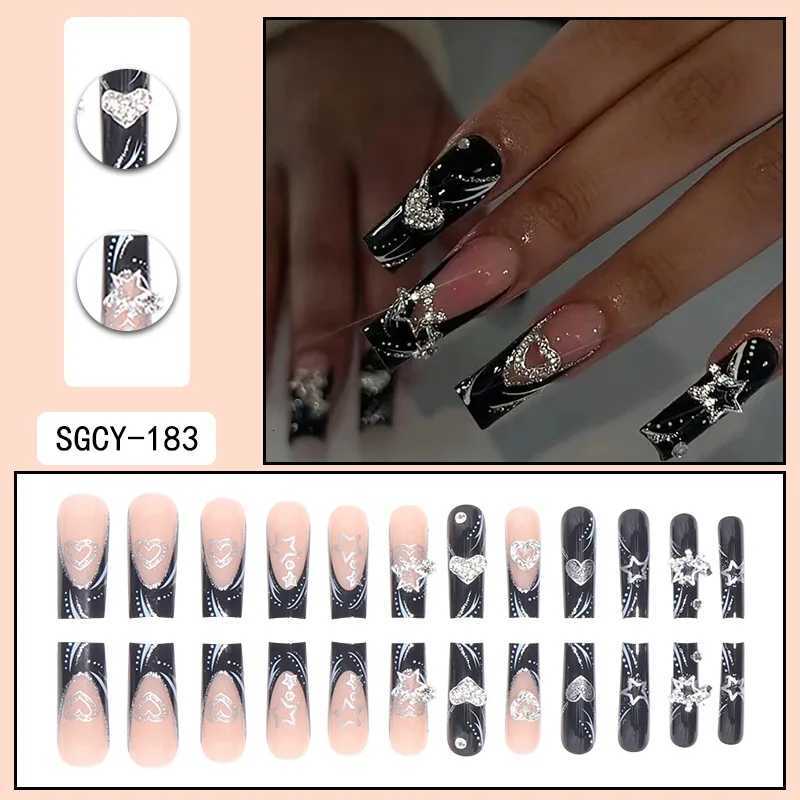 Fashionable Set Of 24 Rectangle Shaped Black French Nail Tips With Glitter Silver Butterfly Rhinestone DecorationT251118T251119