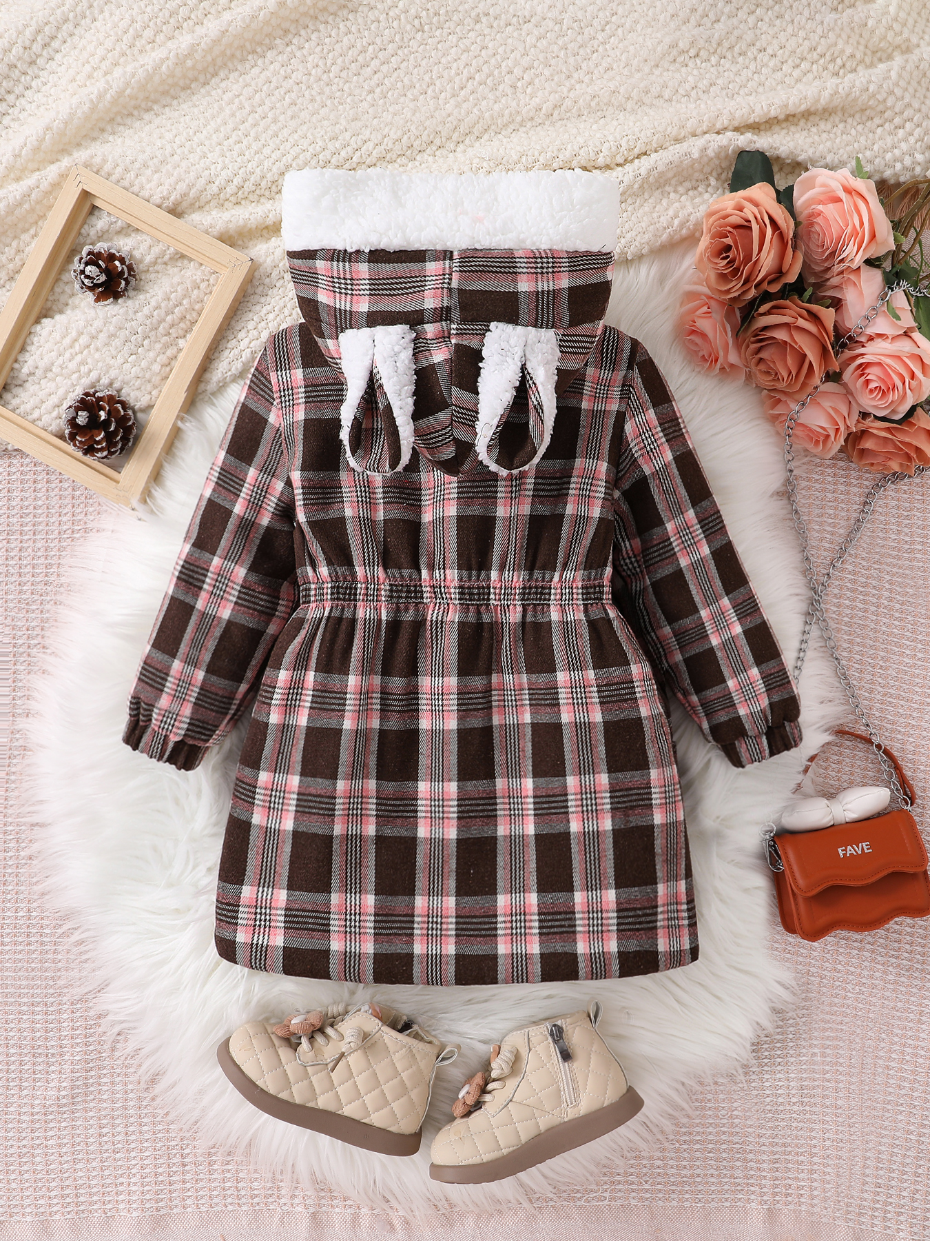 Kids' Plaid Long Coat Fleece-Lined Warm Hooded Jacket, Cute Bunny Ear Design, Cozy Winter Outerwear for Girls, Stylish & Comfortable Cold-Weather