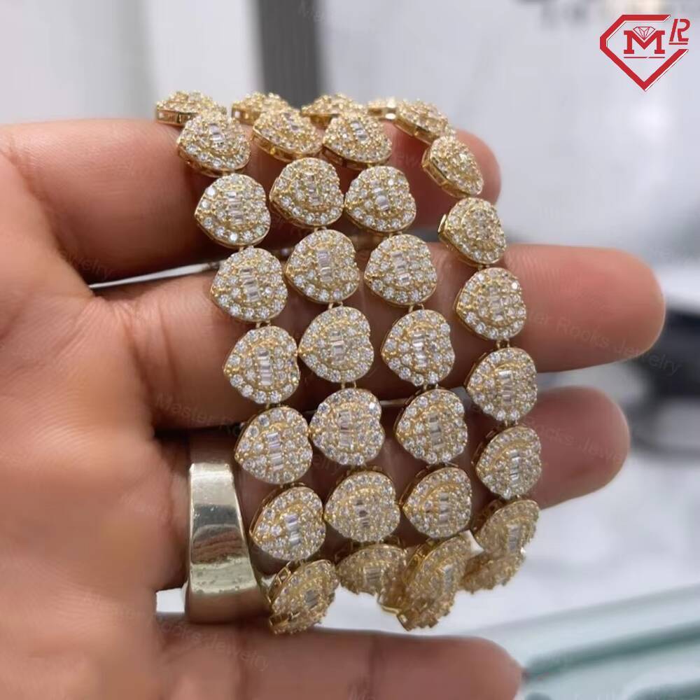 Handmade Cuban Link Chain Custom Heart-shaped Hiphop 925 Silver Iced Out Moissanite Cuban Chain