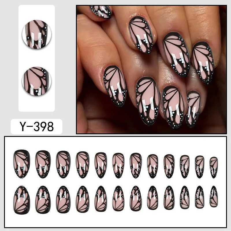 24 Long Almond Black French Petal Pattern ABS Full Gloss Fake Nails Suitable for Daily Wear at Parties and Dances press on nailsT251118T251119
