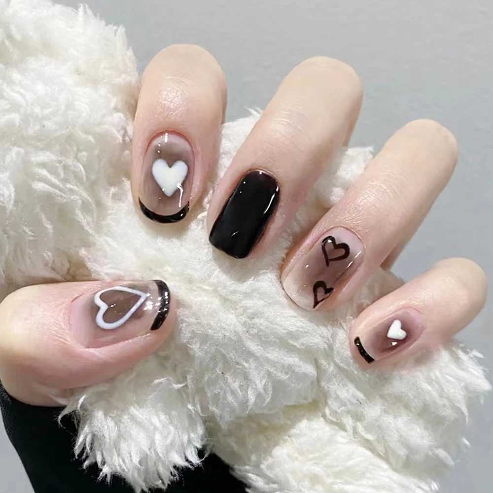 Sweet Style Fake Nails Gradient Blue White Color Press On Nails Mid-length Coffin Shape Love Heart Pattern Full Cover False nailT251118T251119
