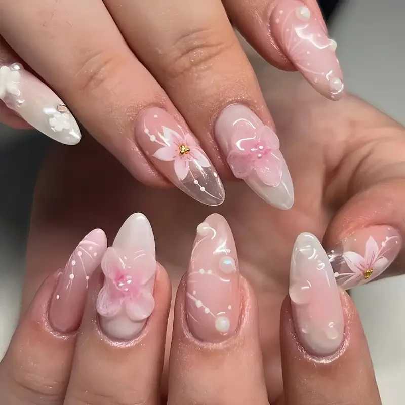 24Pcs Pink Gradient Stripe French Press on False Nails 3D Flower Pearl Full Cover Nail Tip Mid-length Almond Reusable Fake NailsT251118T251119