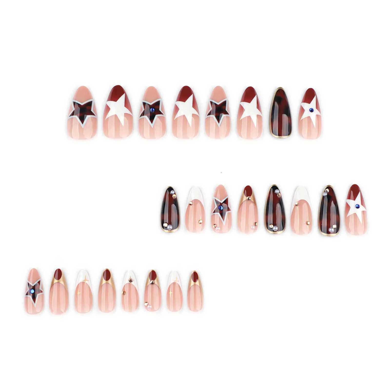 Autumn Brown French Press On Nails 24Pcs Y2K Girls Wearable Fake Nails Star Printed Spicy Girls Charm Manicure Diamond DecorT251118T251119