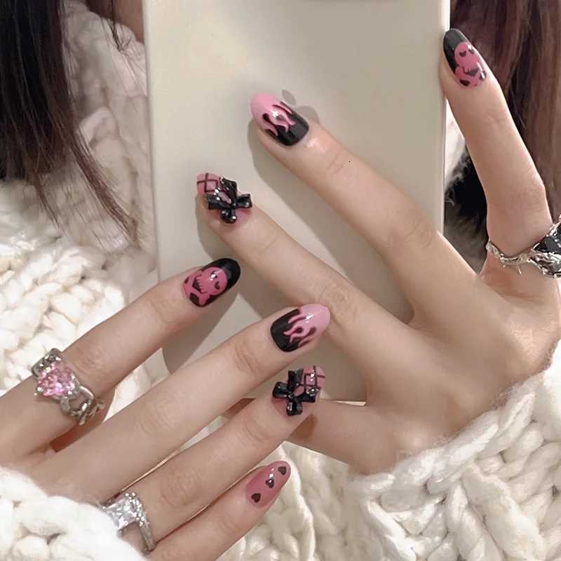 24Ps Black Pink with Wearable False Nail Art Bow Design Removable Press Nail Tips Faux Acrylic False Nails Finished ProductT251118T251119