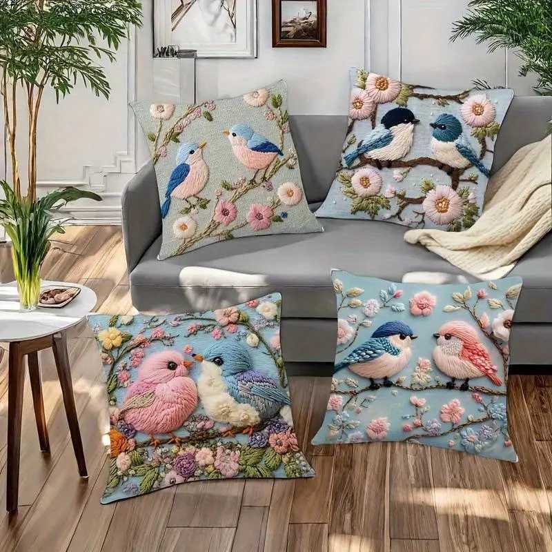 Floral Bird Covers 4pcs 2D Digital Print Faux Embroidery Soft Polyester Zippered for Living Room Sofa DecorM251119
