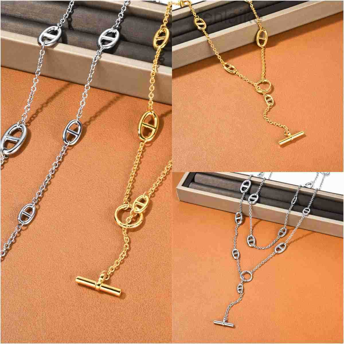 long necklace titanium steel Sier Necklace double layered with OT button clavicle chain designer jewelry high sense overlapping wear choker
