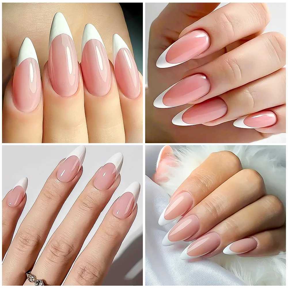120/240Pcs Nude Pink Almond Press On Nails White-Edge French Glossy Almond Fake Nails Full Cover Soft Gel Nude Pink Nail TipsT251118T251119