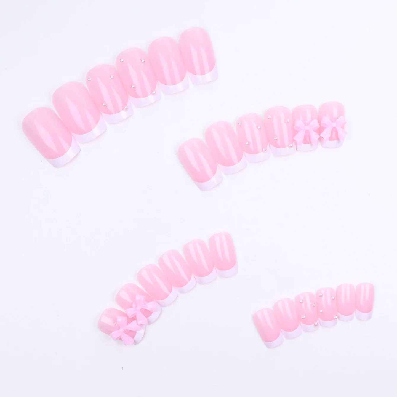 24PCS Square Press Style Nails Medium Length Pearl Bow Design Pink French Pointed Fake Nails Cute Full Coverage NailsT251118T251119